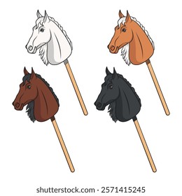 Set of color illustrations with hobby horse toy on stick. Isolated vector objects on white background.