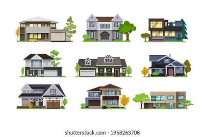 Set of color illustrations with houses on white background.