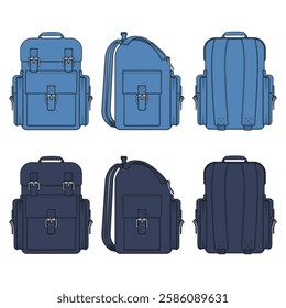 Set of color illustrations with a jeans backpack. Isolated vector objects on white.