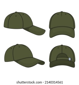 Set of color illustrations with khaki baseball cap. Isolated vector objects on white background.