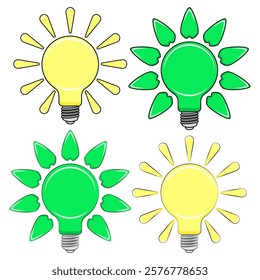 Set of color illustrations with light bulbs, rays and leaves, green energy, solar. Isolated vector objects on white background.