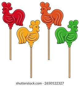 Set of color illustrations with lollipop cockerel on a stick. Isolated vector objects on white background.