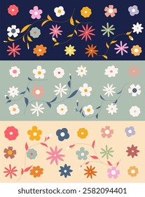 a set of color illustrations on different bright dark and light backgrounds collage of spring flowers and leaves for postcard covers and backgrounds