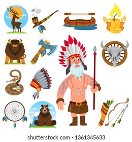 Set of color illustrations on the theme of the North American Indians.