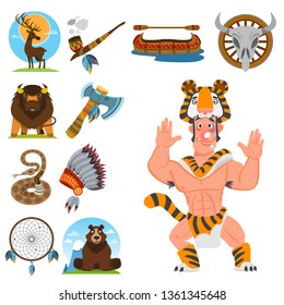 Set of color illustrations on the theme of the North American Indians.