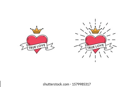 Set of color illustrations on the theme of love and Valentine's Day. Vector illustration of a heart with a crown, ribbon with text in the rays on a white background.