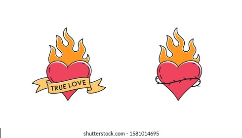 Set of color illustrations on the theme of love and Valentine's Day. Vector illustration heart on fire with a thorny wreath, ribbon with text on a white background.