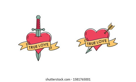 Set of color illustrations on the theme of love and Valentine's Day. Vector illustration of a heart with an arrow and a dagger, a ribbon with text on a white background.