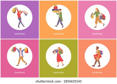 Set of color illustrations on the theme of shopping. People with packages with purchases in their hands. Group of characters buying gifts for holiday. Guys with presents preparing for the celebration