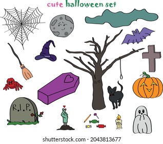 a set of color illustrations on the theme of Halloween in October, including a grave, a spider, a spider web, a ghost, candy, a tree, a cat, a pumpkin, a bat