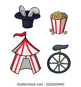 A set of color illustrations on the theme of the circus, the circus came to town, circus tent, vector cartoon style