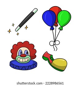 A set of color illustrations on the theme of circus, clown, balloons, vector cartoon style