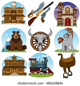 Set of color illustrations on the theme of the Wild West. Saloon, church, police.