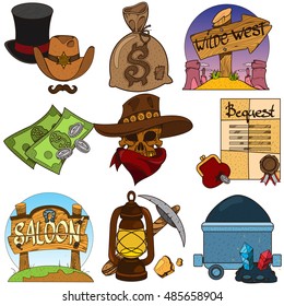 Set of color illustrations on the theme of the Wild West.