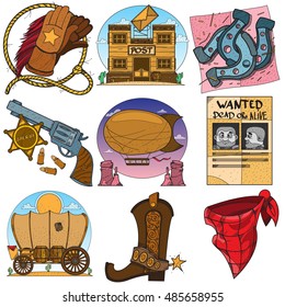 Set of color illustrations on the theme of the Wild West.