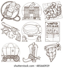 Set of color illustrations on the theme of the Wild West.
