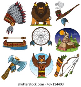 Set of color illustrations on the theme of the North American Indians.