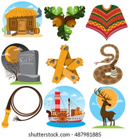 Set of color illustrations on the theme of the Wild West.