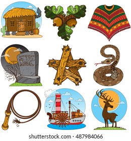 Set of color illustrations on the theme of the Wild West.