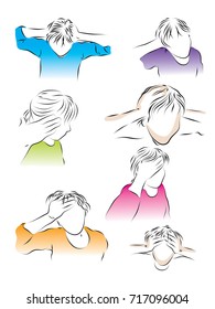 A set of color illustrations on the theme of a headache. Colored vector illustration of a headache, migraine, stroke, cold, flu.
