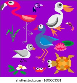 set of color illustrations on transparent background of seabirds - flamingos, arthropods, fish and marsh plants. set of illustrations of stylized birds, marine animals of aquatic plants