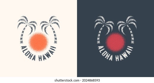 Conjunto de ilustraciones de color de palmera, sol y texto en el fondo. Elemento de diseño para impresión, afiche, emblema, etiqueta, pegatina. Ilustración vectorial con textura gruesa. Simbolismo hawaiano.