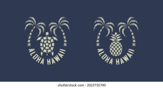 Set of color illustrations of palm, turtle, pineapple and text on the background. Design element for print, poster, emblem