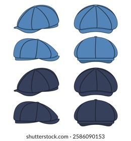 Set of color illustrations with peaked cap, forage cap, kepi. Isolated vector objects on white background.