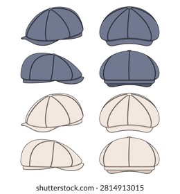 Set of color illustrations with peaked cap, forage cap, kepi. Isolated vector objects on white background.