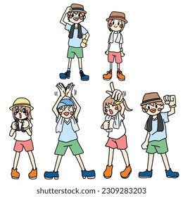 Set of color illustrations of people having a good time at a music festival