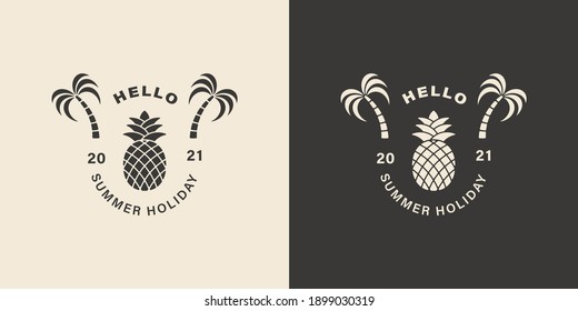 Set of color illustrations pineapple, palm, text on the background. Vector illustration for emblem, flyer, sticker, label and print. Summer vacation advertisement. Symbols of rest on the seaside.
