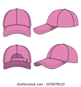 Set of color illustrations with a pink baseball cap. Isolated vector objects on white background.