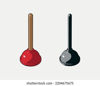 A set of color illustrations of a plunger on a white background. Vector graphics. Design element for poster, banner, label, badge, sticker, print. Home service.