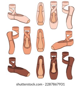 Set of color illustrations with pointe shoes, ballet shoes. Isolated vector objects on a white background.