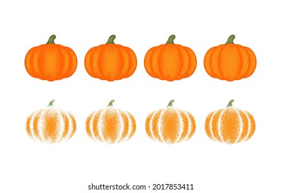 Set of color illustrations of a pumpkin with a grunge texture on a white background. Design element for poster, banner, emblem, sticker and print. Vector illustration. Farm product.
