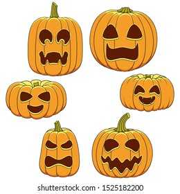 Set of color illustrations of pumpkins with faces for Halloween. Isolated vector objects on a white background.