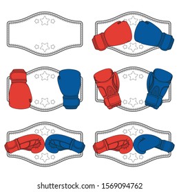 Set of color illustrations with red and blue boxing gloves and a winner's belt. Isolated vector objects on a white background.