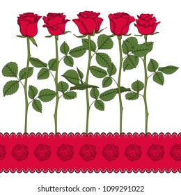 Set of color illustrations with red roses. Isolated vector objects on white background.