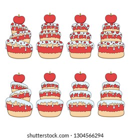 Set of color illustrations with red and white cakes with hearts. Isolated vector objects on white background.