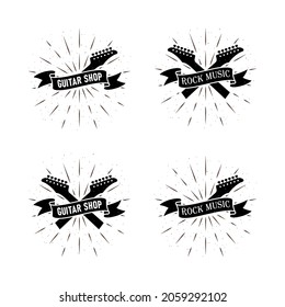Set of color illustrations of ribbon with text, guitar fretboard and rays on a white background. Design element for emblem, print, label, sticker. Vector illustration with texture. Musical symbol.