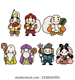 Set of color illustrations of the seven deformed gods of good fortune in a cute way