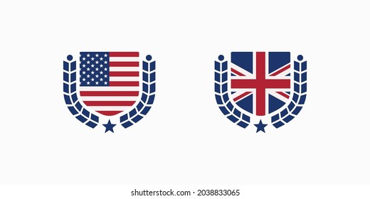 Set of color illustrations of shield, flag, laurel wreath and isolated on white background. Design element for emblem, poster, banner, label, sticker and badge. Vector illustration. USA and UK symbol.