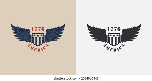 Set of color illustrations of shield, wings, flag and text on the background. Design element for print, badge, emblem, sticker and label. Vector illustration with grunge texture. Symbols of the USA.