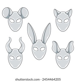 Set of color illustrations with silver masks rabbit, cat, mouse, horns ears. Isolated vector objects on white background.