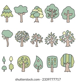 set of color illustrations of simple trees of various shapes
