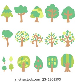 set of color illustrations of simple trees of various shapes