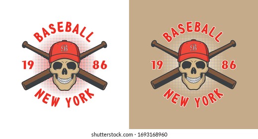 Set of color illustrations of a skull in a baseball cap, crossed baseball bats and text on a colored background. Vector illustration on the theme of sports and baseball. Illustration for stickers.