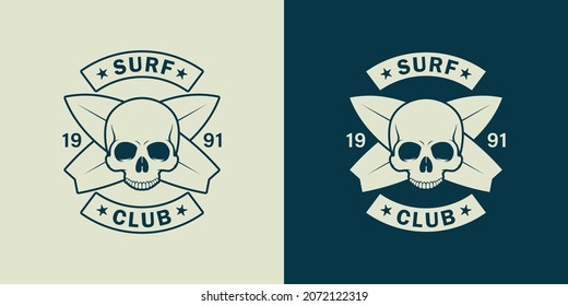 Set of color illustrations of a skull, crossed surfboards, text on the background. Design element for poster, emblem, print, sticker and label. Vector illustration. Surfer symbols.