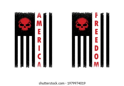 Set von Farbillustrationen von Schädel, Flag und Text auf weißem Hintergrund. Vektorgrafik mit Grunge-Textur für Druck, Etikett, Aufkleber, Emblem. Symbole der USA.