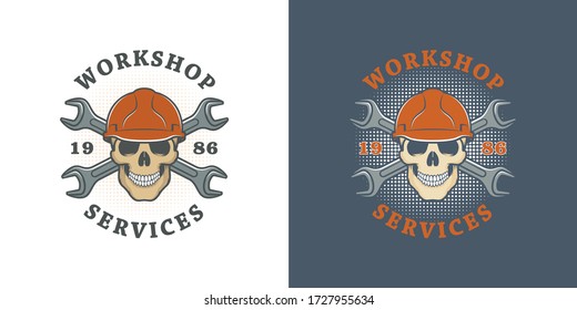 Set of color illustrations skull in helmet and crossed wrenches with text on a colored background. Vector illustration advertises repair shop services. Workshop logo.